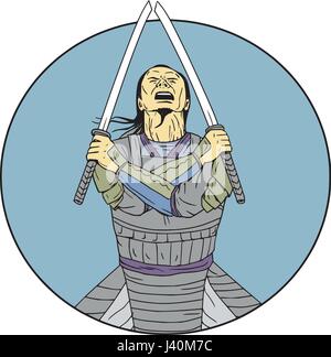 Zeichnung Skizze Stil Abbildung eines Samurai-Kriegers halten zwei Schwerter mit Armen gekreuzt auf der Suche von vorne stellen im inneren Kreis auf isoliert betrachtet Stock Vektor