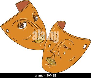 Mono-Linie Stil Darstellung, die die zwei Masken Drama vertritt die traditionelle generische Trennung zwischen Komödie und Tragödie usin zugeordnet Stock Vektor