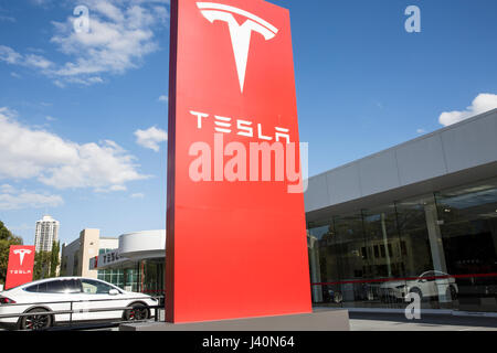 Tesla Elektroautos Showroom und Autos in St. Leonards, Sydney, Australien Stockfoto