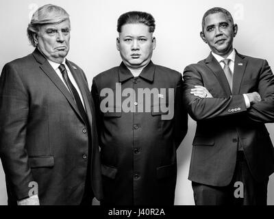 Präsident Donald J Trump, Präsident Barack Obama und obersten Führer von Nordkorea Kim Jong-Un-Lookalikes treffen für ein Fotoshooting in Hong Kong. Stockfoto