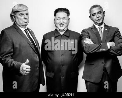 Präsident Donald J Trump, Präsident Barack Obama und obersten Führer von Nordkorea Kim Jong-Un-Lookalikes treffen für ein Fotoshooting in Hong Kong. Stockfoto