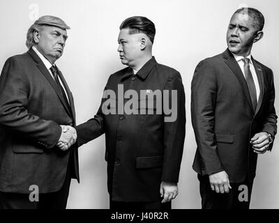 Präsident Donald J Trump, Präsident Barack Obama und obersten Führer von Nordkorea Kim Jong-Un-Lookalikes treffen für ein Fotoshooting in Hong Kong. Stockfoto