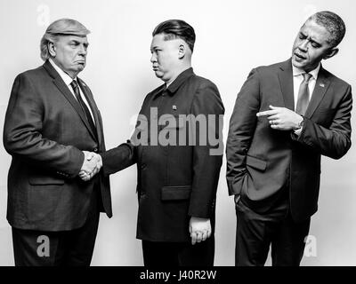 Präsident Donald J Trump, Präsident Barack Obama und obersten Führer von Nordkorea Kim Jong-Un-Lookalikes treffen für ein Fotoshooting in Hong Kong. Stockfoto