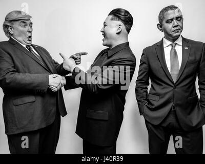 Präsident Donald J Trump, Präsident Barack Obama und obersten Führer von Nordkorea Kim Jong-Un-Lookalikes treffen für ein Fotoshooting in Hong Kong. Stockfoto