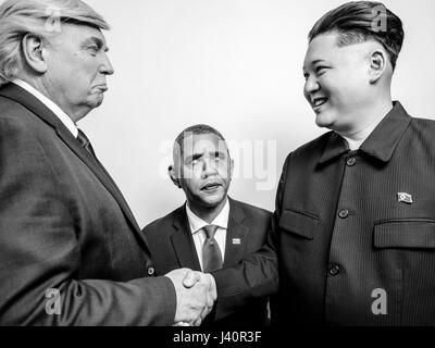 Präsident Donald J Trump, Präsident Barack Obama und obersten Führer von Nordkorea Kim Jong-Un-Lookalikes treffen für ein Fotoshooting in Hong Kong. Stockfoto