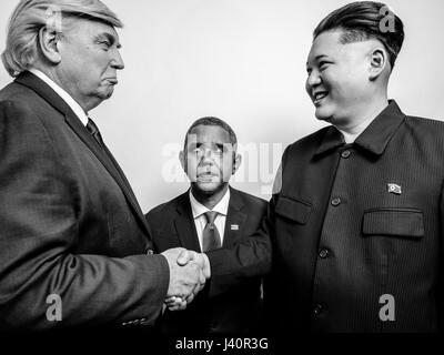 Präsident Donald J Trump, Präsident Barack Obama und obersten Führer von Nordkorea Kim Jong-Un-Lookalikes treffen für ein Fotoshooting in Hong Kong. Stockfoto