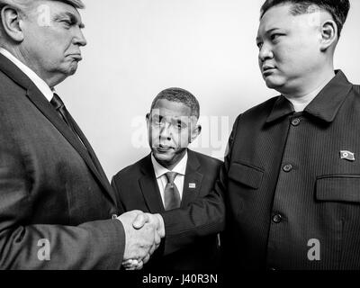 Präsident Donald J Trump, Präsident Barack Obama und obersten Führer von Nordkorea Kim Jong-Un-Lookalikes treffen für ein Fotoshooting in Hong Kong. Stockfoto