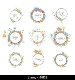 Rustikale handgezeichnete Blume Elemente gesetzt. Vektor floral doodles, Zweige, Blumen, Lorbeeren und Frames. Grenze-Kollektion für Grußkarten und invitati Stock Vektor