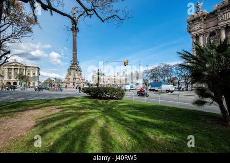 Placa del Portal De La Pau Mit Dem Christoph Kolumbus Denkmal Mirador de Colom. Stockfoto