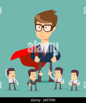 Skizze der Arbeit wenig Menschen und großen Superhelden. Stock Vektor