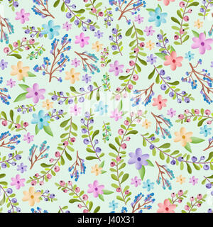 Nahtlose Pastell Zweige und Aquarell Blumenmuster auf hellgrünem Hintergrund Stockfoto
