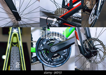 Fahrradteile Collage, Rennrad, Mountainbike, Bremsscheibe, Lenker Kette Stockfoto