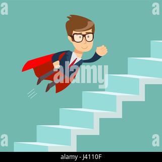 Fliegen Super Geschäftsmann im roten Umhang beim Treppensteigen. Stock Vektor