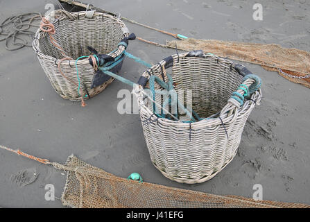 Garnelenfang auf dem Pferderücken ist immer noch in Oostduinkerke, Belgien praktiziert. Stockfoto