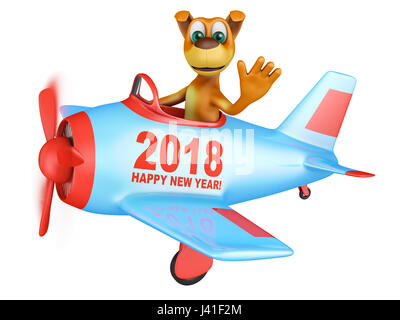 Hund "Wellenlinien" seine Hand in das Flugzeug mit der Aufschrift Happy New Year 2018. 3D Render. Stockfoto