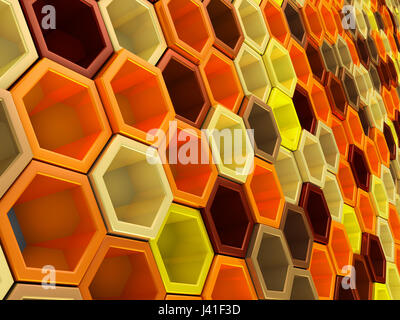 Ein Netzwerk aus Sechsecken gelbe Farbton, die Höhe ändern. 3D Render. Stockfoto