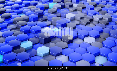 Ein Netzwerk aus Sechsecken blauen Farbton, die Höhe ändern. 3D Render. Stockfoto