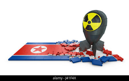 Rätsel mit dem Bild der Flagge von Nordkorea und die Atombombe. 3D-Rendering. Stockfoto