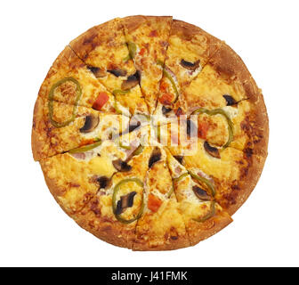 Gemischte italienische Pizza von oben auf weißem Hintergrund Stockfoto