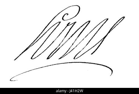 Die Signatur Ludwigs XIV. Ist ein historisches Autogramm des französischen Königs, das seine Herrschaft und persönliche Autorität symbolisiert. Es dient als bemerkenswertes Stück historischer Dokumentation aus dem 17. Jahrhundert. Stockfoto