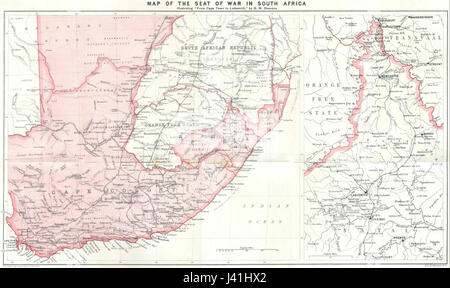 Diese Karte zeigt die strategischen Standorte und Schlüsselgebiete des Zweiten Burenkrieges (1899â€„1902) in Südafrika. Es zeigt die militärischen Positionen, wichtigen Städte und Terrains, die für den Konflikt von zentraler Bedeutung waren, und gibt Einblicke in die Logistik und die Schlachten des Krieges. Stockfoto