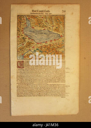 Diese Karte des Genfer Sees, die 1600 erstellt wurde, zeigt die geographischen Besonderheiten und die Umgebung der Region. Es handelt sich um ein wichtiges historisches Artefakt, das die Entwicklung der Kartographie im frühmodernen Europa veranschaulicht und Einblicke in die Topographie und Siedlungen rund um den Genfer See während dieser Zeit bietet. Stockfoto