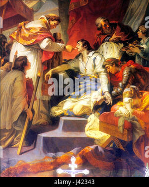 Übersetzt als „die letzte Kommunion des Heiligen Louis, König von Frankreich“ von Gabriel Francois Doyen, bezieht sich dieser Titel auf ein Gemälde, das die letzte Kommunion von König Ludwig IX. Darstellt. Das Kunstwerk spiegelt die religiöse und historische Bedeutung der Frömmigkeit und des Todes des des Königs wider. Stockfoto