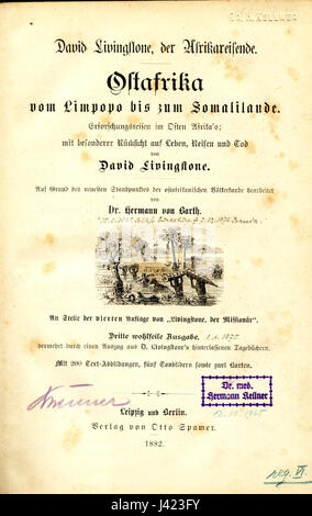 „Livingstone portada“ bezieht sich auf eine Titelseite eines Werkes, das mit David Livingstone, dem berühmten schottischen Entdecker und Missionar, der für seine Reisen in Afrika im 19. Jahrhundert bekannt war. Stockfoto