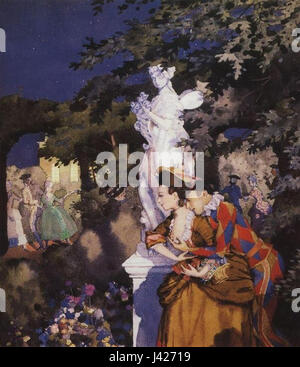 Harlequin in Love ist ein Gemälde des russischen Künstlers Konstantin Somov aus dem Jahr 1912. Das Kunstwerk zeigt Harlequin, eine klassische Figur aus der italienischen Commedia dell'arte, die in einer romantischen Szene festgehalten wird und die emotionale Tiefe des Charakters verkörpert. Stockfoto