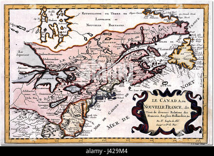 „Le Canada ou Nouvelle France“ bezieht sich auf ein historisches Werk oder einen Text, der die frühe französische Kolonialisierung Kanadas beschreibt, oft als Neufrankreich bezeichnet. Es beleuchtet die französische Exploration und Besiedlung in Nordamerika, einschließlich Schlüsselfiguren und Ereignisse, die die Entwicklung Kanadas im 17. Und 18. Jahrhundert geprägt haben. Stockfoto