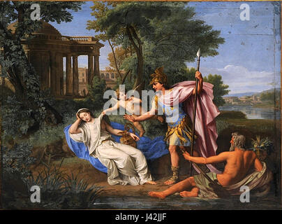 Ein Gemälde von Nicolas Colombel aus dem Jahr 1694, „Mars und Rhea Silvia“, das die mythologische Szene von Mars und Rhea Silvia aus der römischen Mythologie darstellt. Stockfoto