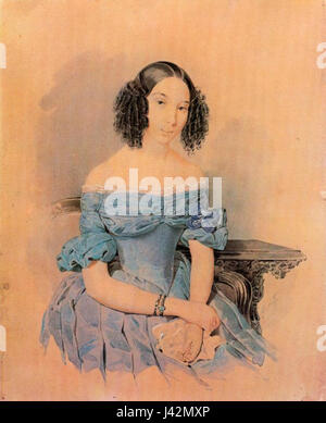 *Lady in Waiting* von A. A. Alexejew, 1830 entstanden, ist ein Porträtbild, das eine Adlige in der Rolle einer Dame in Warten zeigt. Das Kunstwerk ist ein Indiz für russische aristokratische Porträts aus dem frühen 19. Jahrhundert. Stockfoto