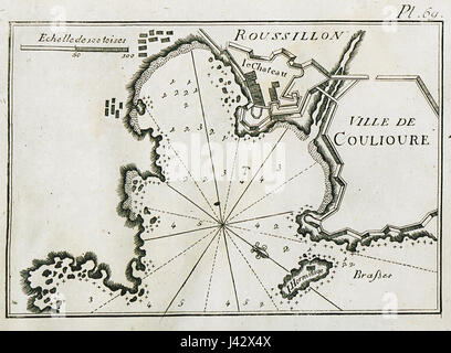 Diese Karte wurde 1804 von Joseph Roux erstellt und zeigt den Hafen von Collioure in Frankreich. Es ist eine historische Darstellung der Küstenregion und bietet Einblick in die maritime Geographie dieses Teils Südfrankreichs. Stockfoto
