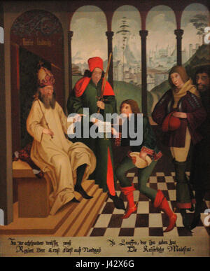 Das Gemälde Regiswindiskirche aus dem Jahr 1630 zeigt die Regiswindiskirche in Lauffen am Neckar. Dieses Kunstwerk spiegelt die historische Bedeutung der Kirche und der umliegenden Region im 17. Jahrhundert wider. Stockfoto