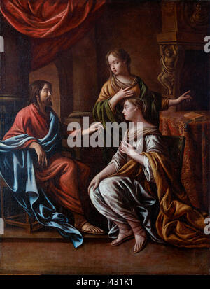 „Le Christ chez Marthe et Marie“ von Mathieu Le Nain zeigt die biblische Szene, in der Christus die Schwestern Martha und Maria besucht. Das Gemälde fängt die kontrastierenden Rollen der beiden Frauen ein, wobei Martha mit häuslichen Aufgaben beschäftigt ist und Maria zu den Füßen Christi sitzt. Le Nain betont Einfachheit und Klarheit bei der Darstellung religiöser Themen. Stockfoto