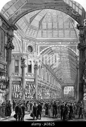 Der Leadenhall Market, ein historischer überdachter Markt in London, ist in dieser Illustration von The Illustrated London News aus dem Jahr 1881 zu sehen. Die Abbildung zeigt die architektonische Schönheit des Marktes und seine Rolle im Londoner Geschäftsleben. Stockfoto