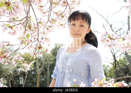 Porträt der jungen Japanerin mit Kirschblüten Stockfoto