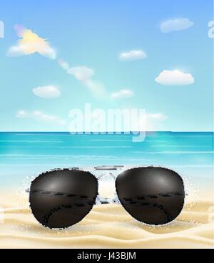 echte schwarze Sonne Glas an einem hellen Meeresstrand Stock Vektor