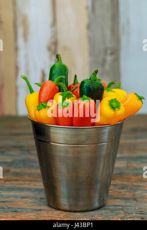 Frische bunte Paprika in Silber Eimer auf Holztisch im üppigen Garten Stockfoto