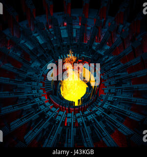 Glühenden Ofen-Konzept / 3D Darstellung der tobenden Flammen steigenden industriellen Scifi-Schmiede Stockfoto