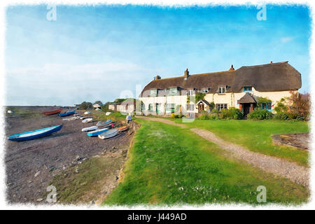 Aquarell-Malerei Pcturesque Hütten in Porlock Weir auf Exmoor Nationalpark an der Küste von Somerset Stockfoto