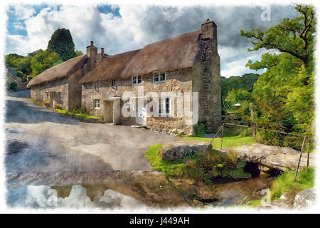 Wasser Farbe Malerei der schönen strohgedeckten Hütten neben einer Furt bei Ponsworthy auf Dartmoor National Park in Devon Stockfoto