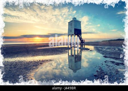 Aquarell von Sonnenuntergang über der hölzernen Leuchtturm auf Stelzen am Burnham am Meer an der Küste von Somerset Stockfoto