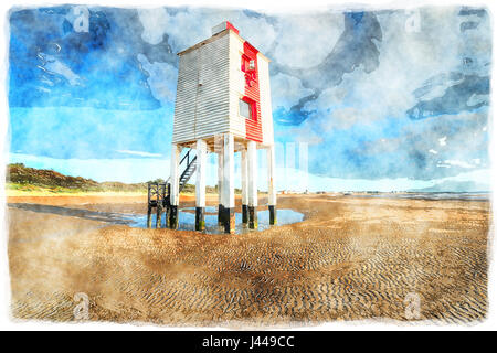 Wasser-Farbe-Painitng von einer hölzernen Leuchtturm auf Beinen am Burnham am Meer auf die Küste von Somerset Stockfoto