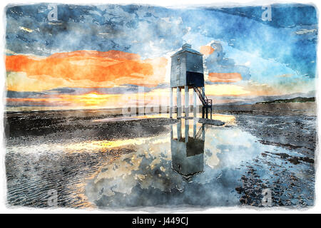 Wasser Farbe Malerei zum Sonnenuntergang Himmel über der hölzernen Leuchtturm auf Stelzen am Burnham am Meer an der Küste von Somerset Stockfoto