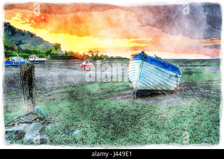 Aquarell-Malerei von einem alten hölzernen Fischerboot bei Ebbe auf Porlock Weir an der Exmoor Küste in Somerset Stockfoto