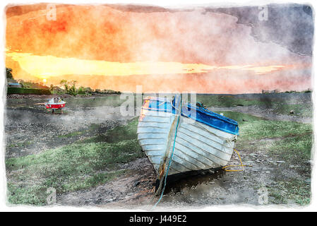 Aquarell-Malerei von einem alten hölzernen Fischerboot bei Sonnenuntergang am Porlock Weir auf der Somerset Küste Stockfoto