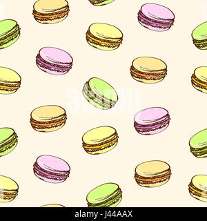 Nahtlose Beige Hintergrund mit bunten Macarons. Pastöse traditionelle süße Makronen Keks. Cartoon-Stil. Stock Vektor