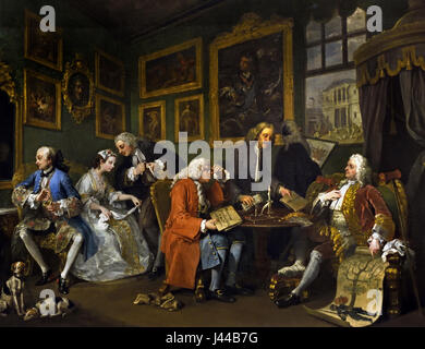 Ehe A-la-Modus: 1, die Ehe Siedlung 1743, William Hogarth 1697-1764 Vereinigtes Königreich, England, Englisch, Britisch, Großbritannien, (die Geschichte beginnt in der Villa von der Earl Squander, die Anordnung ist, seinen Sohn mit der Tochter eines wohlhabenden aber mittlere Stadt Kaufmanns zu heiraten. Es endet mit der Ermordung des Sohnes und den Selbstmord der Tochter. ) Stockfoto