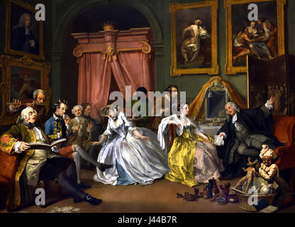 Ehe A-la-Modus: 4, The Toilette 1743 William Hogarth 1697 - 1764 Vereinigtes Königreich, England, Englisch, British, England, (nach dem Tod des alten Grafen die Frau ist jetzt die Gräfin mit Krönchen über ihr Bett und über dem Schminktisch, wo sie sitzt.) Stockfoto